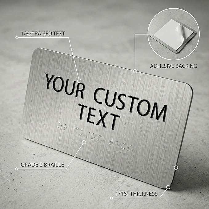 ALPHA DOG ADA SIGNS Custom ADA Braille Room Sign 4x8 Inch - Personalized Office Door Name Plate with Grade 2 Braille - ADA and Title 24 Compliant Signage - Made in USA - Brushed Stainles