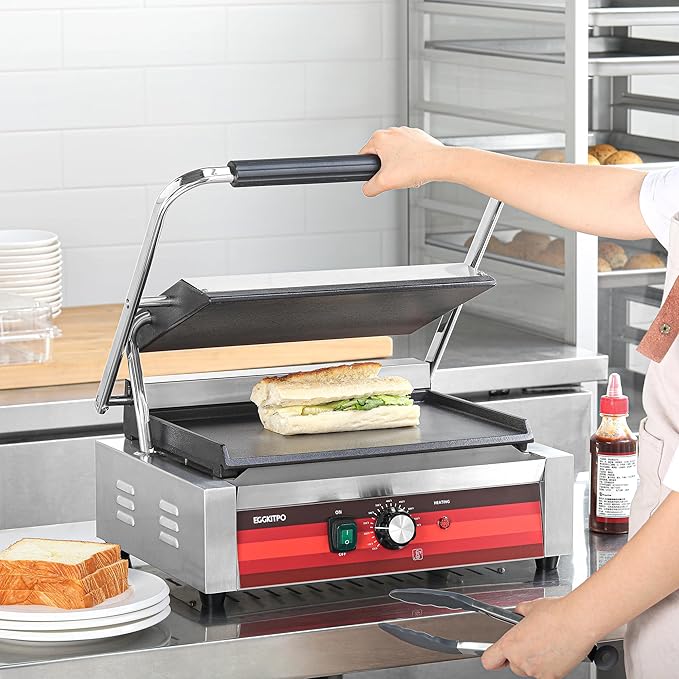 EGGKITPO Commercial Electric Panini Grill with Flat Plates Stainless Steel Sandwich Maker 14"× 9.5" Cast Iron Enamel Plate Countertop Panini Press with Temperature Control for Business 110V 1700W