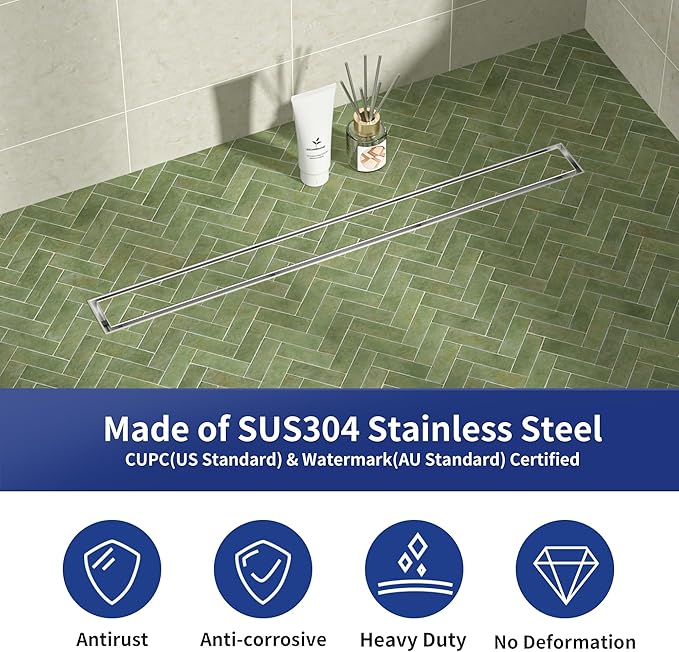 Linear Shower Drain 30", Brushed Floor Drain with Tiled Insert Grate & Hair Strainer, 304 Stainless Steel Bathroom 2-in-1 Tiled in Drain, CUPC Certified (Brushed, 30'')
