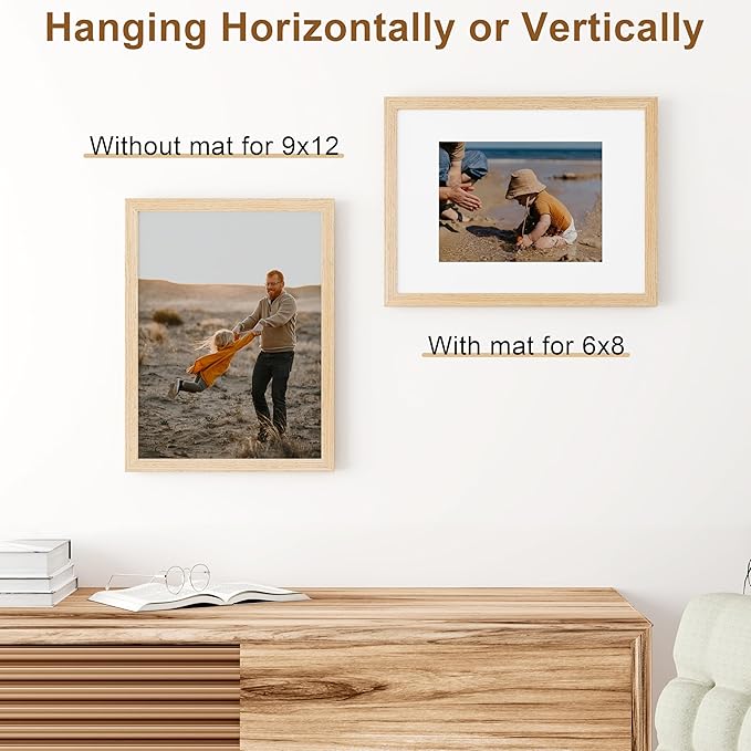 Vittanly 9x12 Picture Frame, Solid Wood Frame with Plexiglass, Includes 6x8 Mat, Wall Hanging or Tabletop for Photos, Home Decor, Natural, 1 Pack