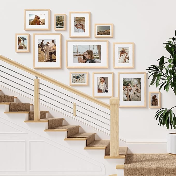 Vittanly 8x8 Picture Frame Set of 2, Solid Wood Frame for Wall or Tabletop, Display Photo 4x4 with Mat or 8x8 without Mat, Natural