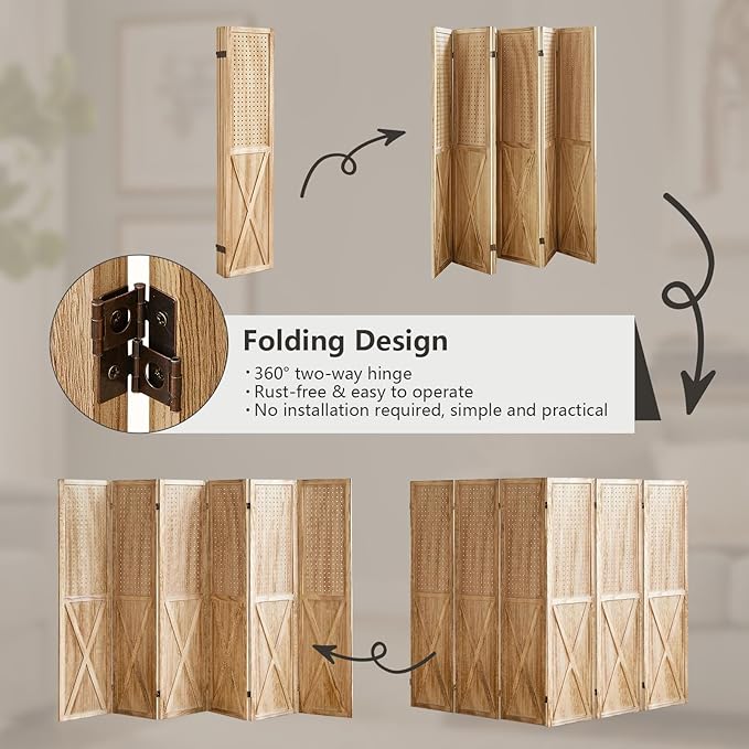 6 Panel Pegboard Room Divider, 5.6Ft Pegboard Display Folding Privacy Screens, Wood Room Divider Peg Board Display Freestanding for Trade Show Craft Show Home Wall Organizer, Light Brown