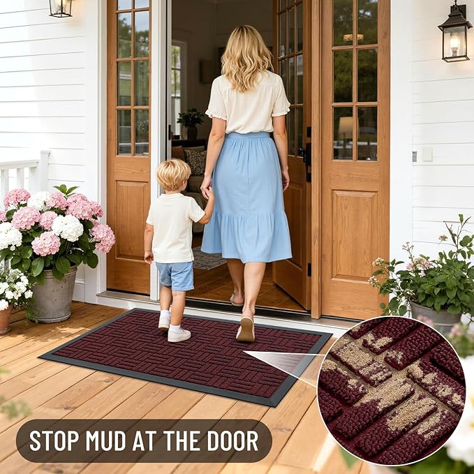 OLANLY Front Door Mat Outside Entrance 59x34, Absorbent, Heavy Duty Sturdy Natural Rubber Doormat Indoor Outdoor, Non-Slip, Stain and Fade Resistant, Low Profile Floor Mat for Entryway, Burgundy