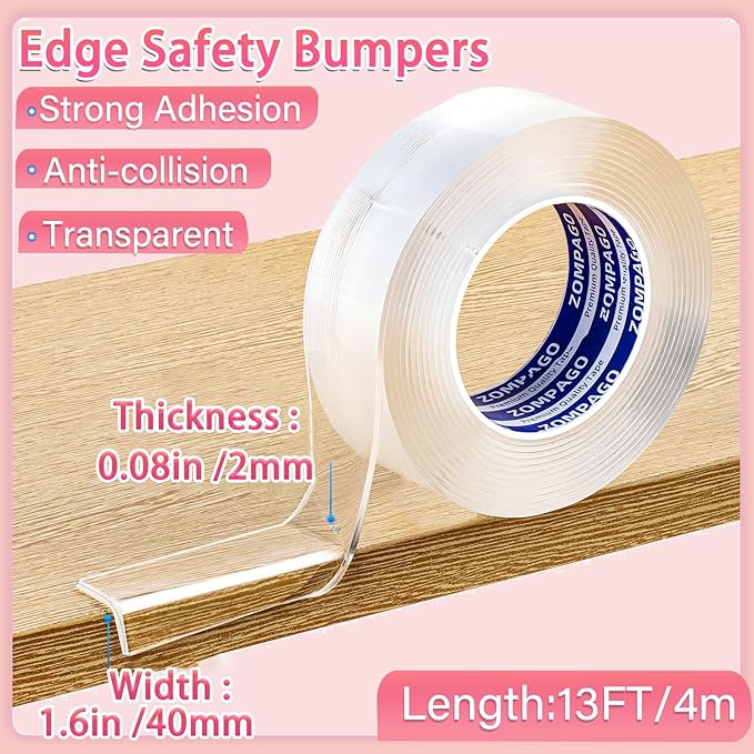 Clear Baby Edge & Corner Protector Strip - 1.8 in × 13 FT Self-Adhesive Safety Bumper, Transparent Anti-Collision Guard for Table, Cabinet, Furniture & Wall | Baby Proofing Essential