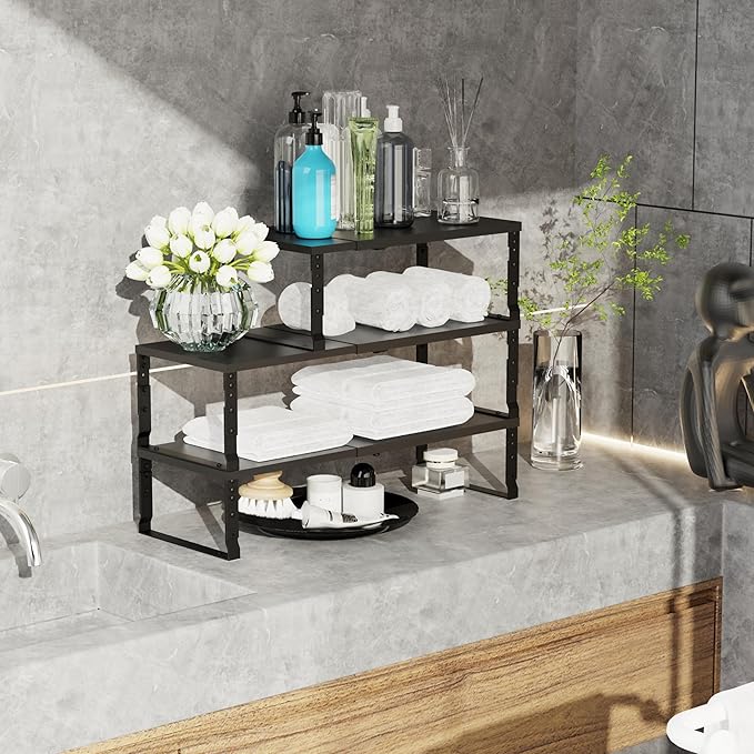 Expandable Stackable Spice Rack Organizer for Kitchen Cabinet,Adjustable Counter Shelf, countertop, Pantry,Cupboard,Bathroom,Bedroom(3Packs/Black/Large)