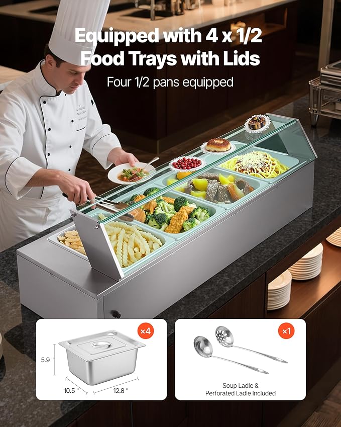VEVOR Commercial Food Warmer, 1500W Electric Stainless Steel Steam Food Warmer with Glass Cover, 4-Pan Countertop Buffet Bain Marie with Soup & Perforated Ladles, for Catering, Restaurant & Party