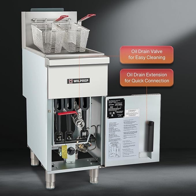 WILPREP Commercial Gas Floor Fryer, 3 Burner Commercial Deep Fryer with 2 Baskets 90000 BTU 40 lb. Capacity 400°F Constant Temperature, Stainless Steel Liquid Propane Deep Fryer for Restaurant Kitchen