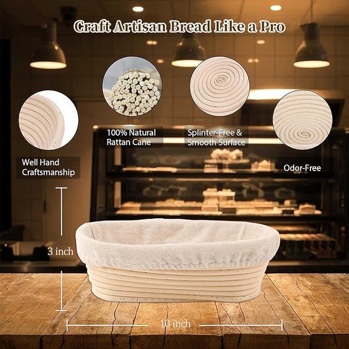 Banneton Bread Proofing Basket - Proofing Basket Set of 2 (10 inch Oval) - Natural Rattan Banneton with 2 Linen Liners - Bread Basket for Sourdough Bread Baking Supplies