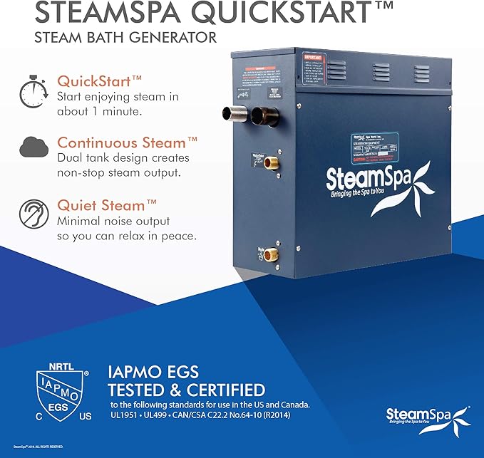 SteamSpa 6kW Steam Sauna Generator Premium Bundle 240V Steam Generator with Touch Pad Control, Steamheads, Pressure Relief Valve, Built-in Auto Drain and Plumber Quick Install Kit PRT600OB-A
