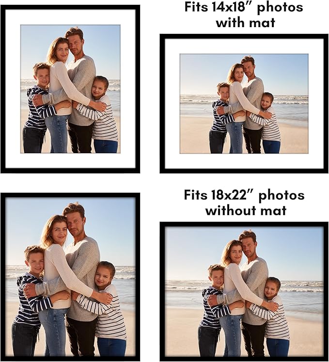 Americanflat 18x22 Picture Frame with Polished Plexiglass - Set of 5 - Use as 14x18 Frame with Mat or Display 18x22 Photo Without Mat - Galleria Collection - Picture Frames for Wall Display - Black