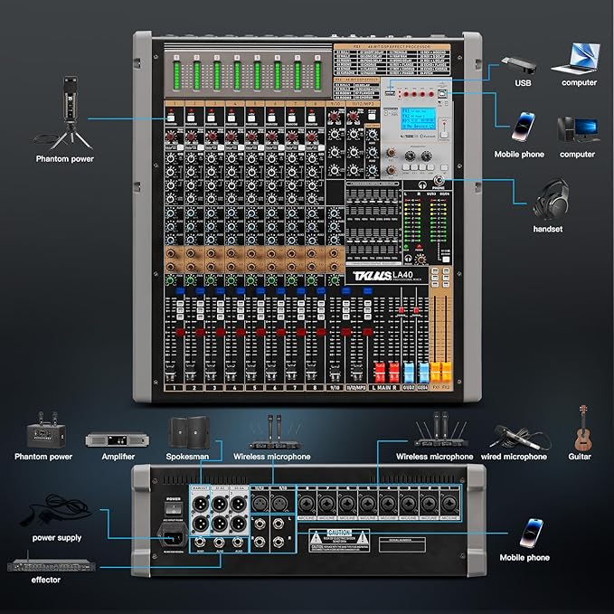 Digital Mixer 16 Channel,Sound Board Mixing Console, Dual DSP Reverb, Dual 7-Band EQ, 48V Phantom Power, 4 Group Stereo Output Input, PAD