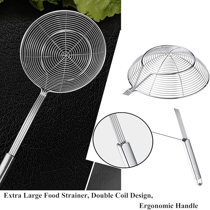 Tenta tenta kitchen Solid Stainless Steel Spider Strainer Skimmer Ladle for Cooking and Frying, Kitchen Utensils Wire Strainer Pasta Strainer Spoon Hot Pot Fat Skimmer Spoon Set of 3