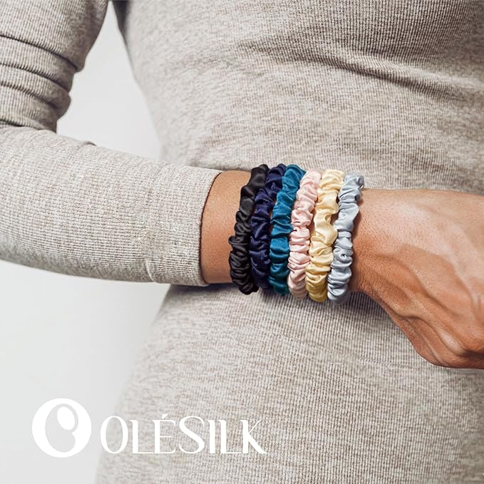 OLESILK Silk Hair Ties for Women: 100% Mulberry Skinny Silk Scrunchies, Soft Smooth No Damage No Crease for Thin Fine Curly Hair 5 Pack, Multi-5