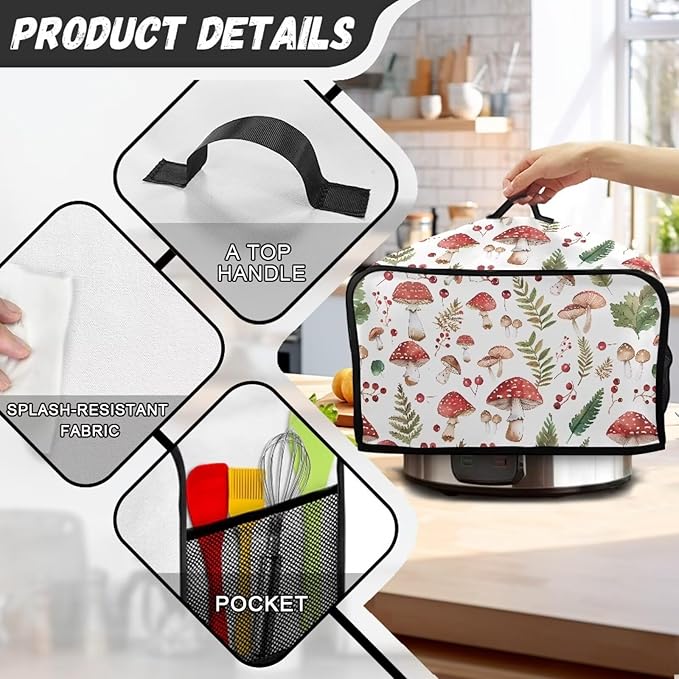 Mushroom Appliance Dust Cover Crock Pot 6-8 Quart Slow Cooker Cover Dust Cover with Carrying Handle and Pocket Portable Decorations Kitchen Utensils for Living Room