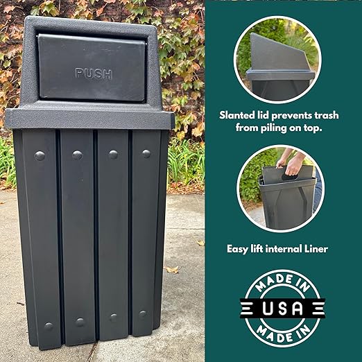 Campus Collection 32 Gallon Square Slatted 100% Recycled Plastic Heavy-Duty Commercial Outdoor or Indoor Trash Can with Push Top Lid | Great for Schools and Businesses - Green Granite