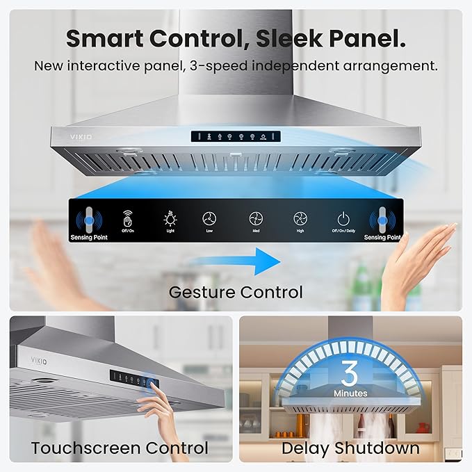 Island Range Hood 36 Inch, 390 CFM kitchen Hood with Touch/Gesture, Ceiling Mount, Convertible Ducted/Ductless, 3-Speed Fan, 3 Stainless Steel Baffle Filters