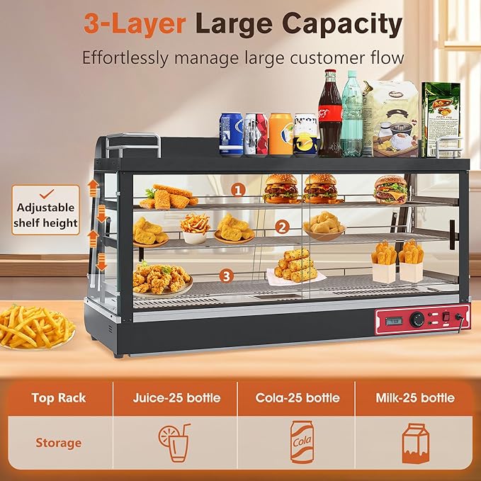 3-Shelf Commercial Food Warmer Display w/Top Rack, 44" Countertop Warmers Hot Box for Pizza/Pretzel/for Food Display, Heated Holding Cabinet Glass case, with LED Lighting for Buffet Restaurant