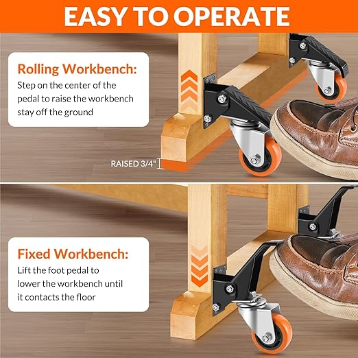 Caster Wheels, 2.5 Inch Workbench Casters Set of 8 Heavy Duty - 600 Lbs Capacity Retractable Swivel Castors with No Noise Polyurethane Wheels, Easy to Install for Tables Legs, Work Bench & Tool Carts