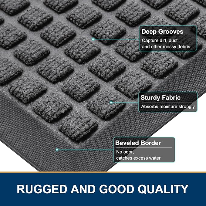 Smiry Front Door Mat Outside Entrance, Heavy Duty Natural Rubber Doormat, Non Slip, Trap Dirt and Moisture, Easy Clean, Low Profile Welcome Floor Mats for Indoor Outdoor Entry, 47x32 Inch, Grey
