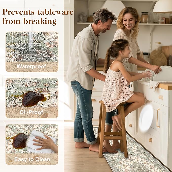 Boho Kitchen Mats for Floor 2 Piece Set Anti Fatigue Cushioned PVC Kitchen Rugs Non Slip Waterproof Farmhouse Mats 2/5 Inch Comfort Standing Mat for Sink, Laundry, 17.3"x47"+17.3"x28", Green Beige
