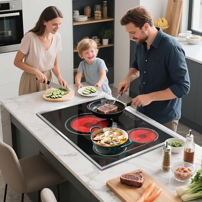 30 Inch Electric Cooktop, 4 Burner Electric Stove Top with Touch Control, 7800W Built-In Glass Stovetop with BBQ & Expandable Zone, 9-Level Adjustable, Child Lock, Timer, 220V-240V Hardwire