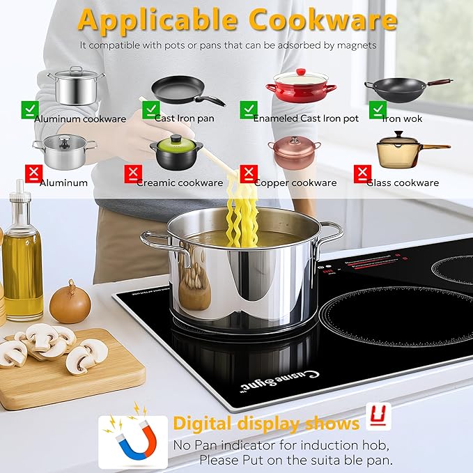 30 Inch Built-In Induction Cooktop, 4 Burner Electric Stove Top, 7100W 240V Hardwired, Touch Control with Power Boost, 9 Levels, Timer, Child Lock & Residual Heat Indicator