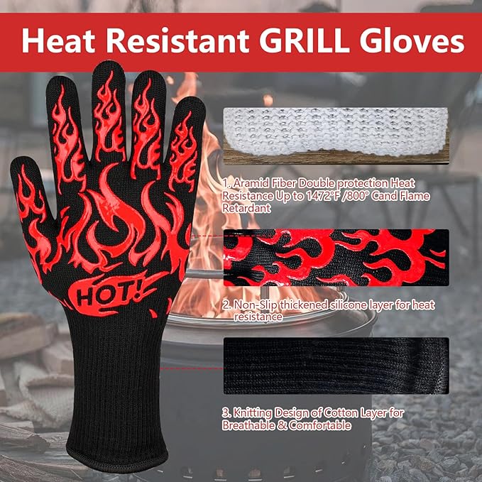 UBeesize Lengthen BBQ Gloves (Flame), 1472°F Heat Resistant Grill Gloves, 14 inch Fireproof Oven Gloves for Cooking, Non-Slip Fire Gloves for Grilling, Barbecue, Smoker, Baking, Frying