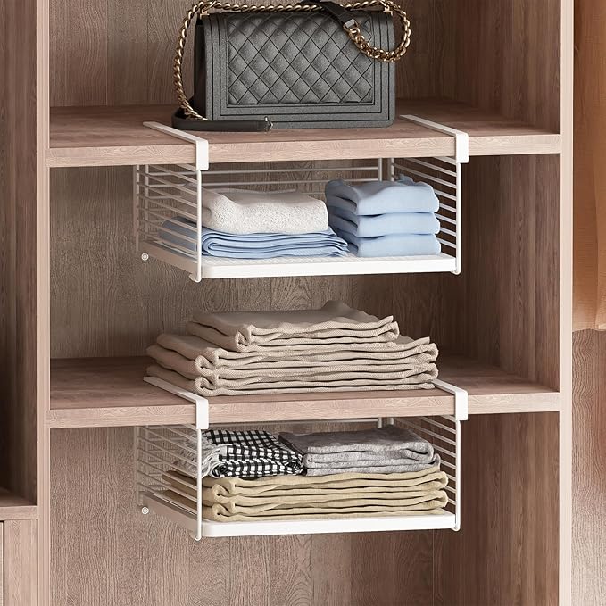 Under Shelf Storage Basket, Hanging Wire Basket with 1.13 Inches Thick Clips for Kitchen, Pantry or Laundry Room, Under Cabinet or Desk Storage Organizer, White, 2 Pack