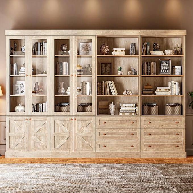 Vyre 71" Tall Farmhouse Kitchen Pantry, Large Storage Cabinets with Glass Doors, Freestanding Wood Hutch Cabinet with 3 Drawers & Adjustable Shelves for Living Room & Dining Room, Set of 4, Brown