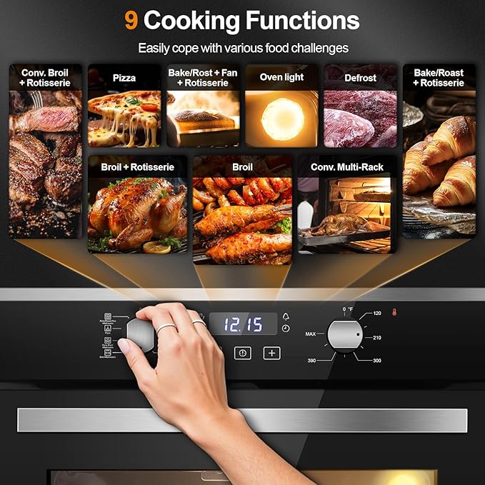 Wall Ovens 24 Inch Electric 3220W,2.8 Cu.Ft Single Wall Oven with 3-Key Digital Control,for Precise Baking,360° Rotisserie, 9 Functions & Easy-Clean Enamel Cavity for restaurant, and home