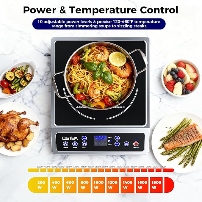 OSTBA 1800W Commercial Induction Cooktop, 10" Heating Coil Countertop Induction Burner, 10 Power Levels & 120–460°F Temperature Control, 12H Timer, Keep Warm, ETL Certified