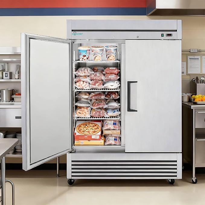 54"Commercial Freezer, 49 Cu.Ft Double Door Stainless Steel Reach-In Freezer, -8~0℉, Air Cooling, 6 Shelves, R290, ETL
