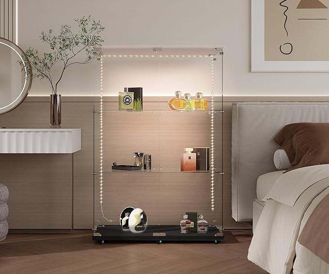Yoluckea 3 Tiers Glass Display Cabinet with Bluetooth LED Light Strip, 2 Doors Floor Standing Curio Cabinet with Universal Wheel for Home, Black Glass Bookshelf for Collections, Clear Top