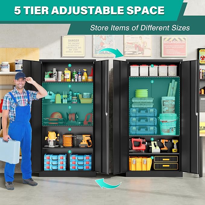 SISESOL Wide & Deep Metal Storage Cabinet with Lock & 5 Shelves,72" Black Garage Storage Cabinet with Locking Doors,Lockable Cabinets for Home,Office,Garage,Shop,Basement 72x36x18