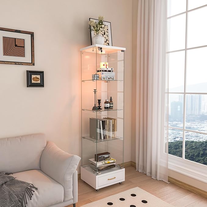 Yoluckea 4 Tiers Glass Display Cabinet with LED Lighting and Drawer, 1 Door Floor Standing Curio Cabinet with Wheel for Home, Office, Corner Display, White Glass Bookshelf for Collections and Decor