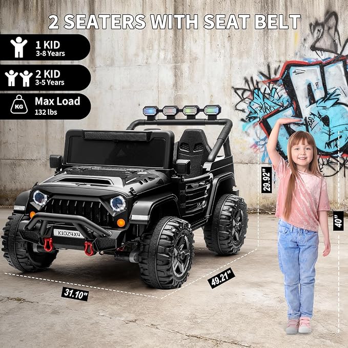 Kids 24V 2-Seater Electric Ride On Car, 4x4 Ride On Truck w/Remote Control, 4-Wheeler Suspension, 3 Speeds, Led Lights, Bluetooth, Ride on Car Toy for Kids Ages 3-8, Black