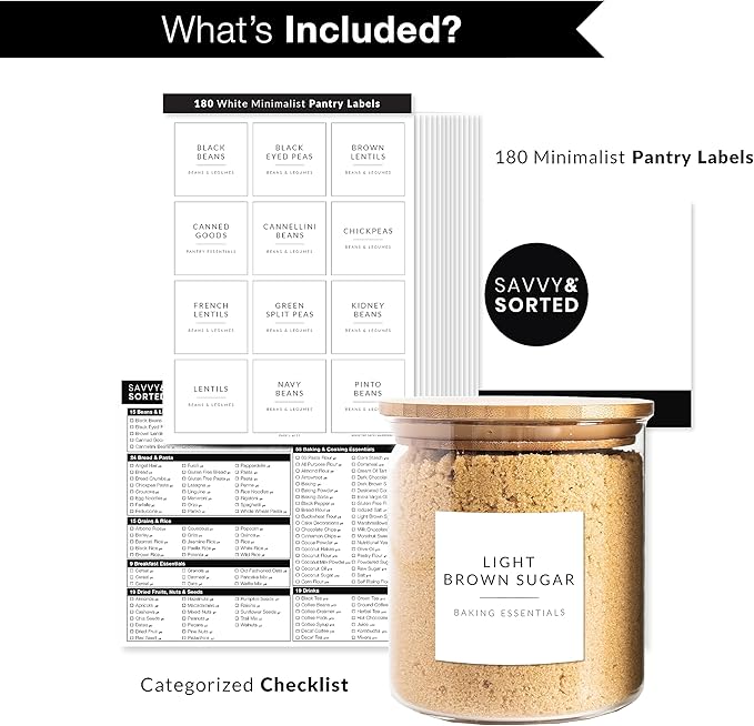 SAVVY & SORTED Minimalist Pantry Labels, 180 Waterproof Vinyl Stickers for Food Containers - Kitchen Labels for Organizing Storage Bins, Jars, Kitchen