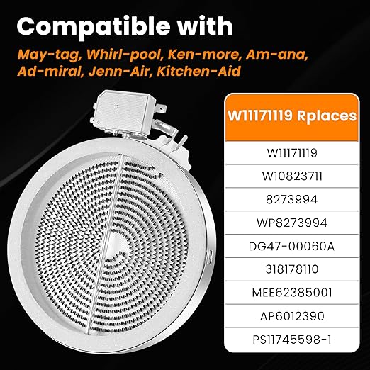 Upgraded 6.5 In DG47-00060A W11171119 WB30T10145 Electric Range Single Radiant Surface Heating Element Replacement for Whirl-pool May-tag Kitchen-Aid Jenn-Air Range Stove, 8273994 By Fetechmate