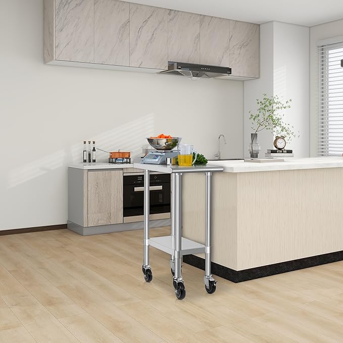 HARDURA Stainless Steel Commercial Work Table with Wheels Prep & Work Metal Table 24×15 Inches Heavy Duty NSF with Casters and 2" Backsplash