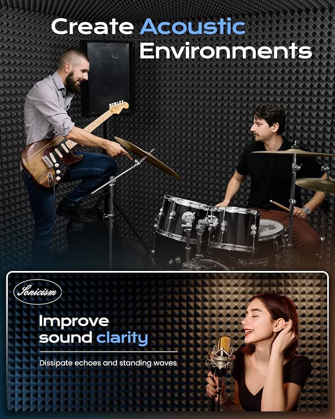 Sonicism 12 Pack Pyramid Sound Proof Foam Panels with Self-Adhesive, 12" X 12" X 1" Acoustic Foam Panels of High Density, Soundproof Wall Panels Fast Expand, Sound Absorption and Decoration (Black)