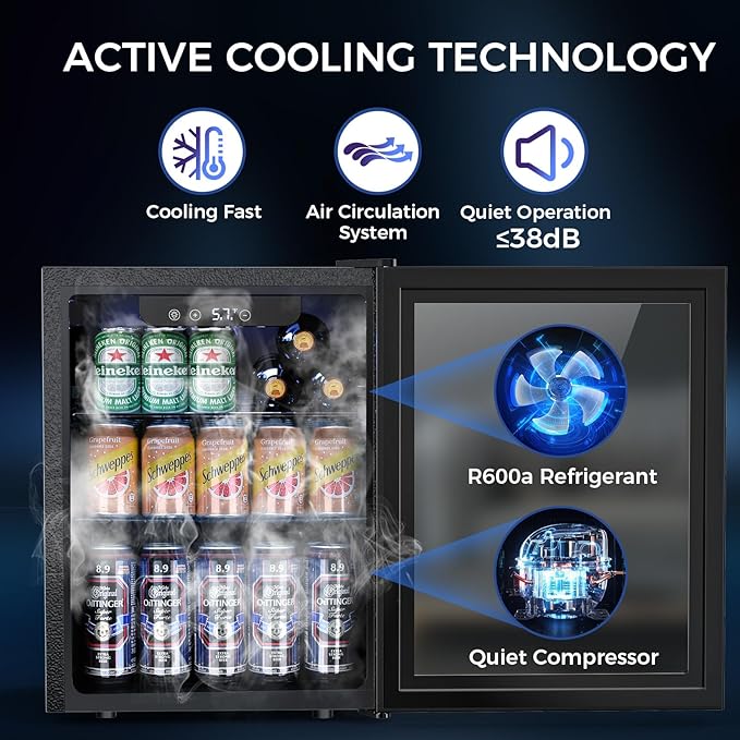 68 Can Beverage Refrigerator Mini Fridge Cooler Glass Door for Beer Soda or Wine, Freestanding Drink Cooler LED Temperature Control for Bar Home, Office 1.7CUFT