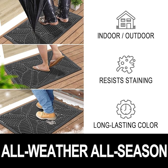 Colorxy Waterproof Doormat, Sturdy Natural Rubber Front Indoor Mat, Non Slip Low Profile Outdoor Door Mats, Stain and Fade Resistant Floor Mats, Easy Clean Patio Entry Mat, 48''x32'', Light Grey