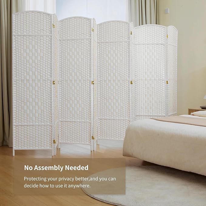Duraspace 8 Panels Room Divider 6 FT Tall Weave Fiber Privacy Screen Freestanding Double Hinged Folding Screen Extra Wide Room Dividers for Patio Privacy (Off White)