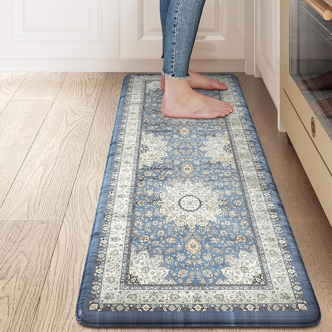 Collive Cushioned Kitchen Floor Mats, Anti Fatigue Kitchen Mats for Floor Non Slip Waterproof Sink Rugs, Comfortable Standing Desk Mat for Office, Laundry Room, 17"x47"-Blue