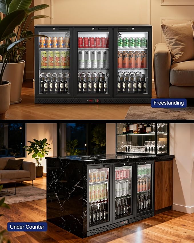 Upstreman 11.4 Cu.Ft Back Bar Cooler With 3 Glass Doors, Commercial Under Counter Beverage Refrigerator, Double-Pane Low-E Glass, Lockable Drink Fridge for Bars, Restaurants, Hotels & Cafes, BB114
