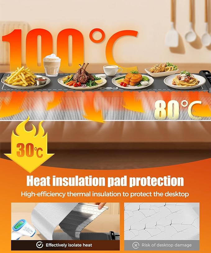 Extra Large Food Warming Mat with Heat-Resistant Pad, 36X15 Inch, 6 Temperature & 6 Timer Settings, Child Lock Safety,Food Warmer Chafing Dishes Fits for Family Dinners and Parties