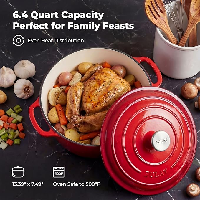 Zulay Kitchen 6 Quart Enameled Cast Iron Dutch Oven Pot with Lid – Premium Durability & Oven Safe up to 500°F – Heavy Duty Cookware Perfect for Bread Baking, Stews, Braising & Roasting – Red