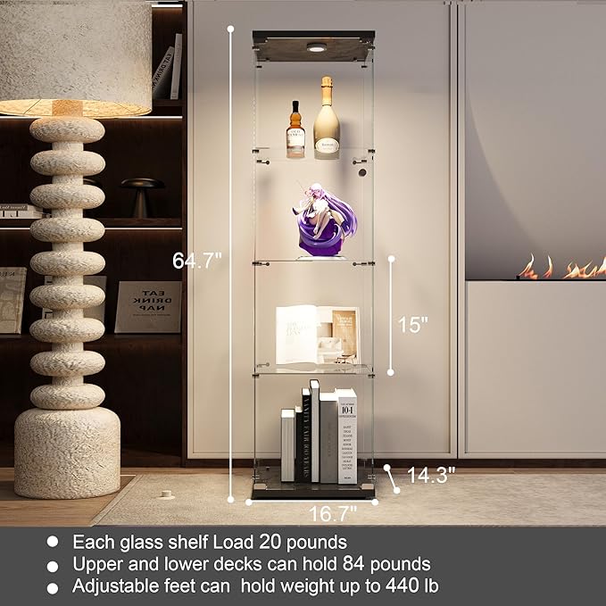 Yoluckea 4 Shelves Glass Display Cabinet with LED Light and Door, Floor Standing Clear Glass Curio Cabinet Collection for Living Room Bedroom 64.7”x16.7”x 14.3” Black(Upgrade Assembly)