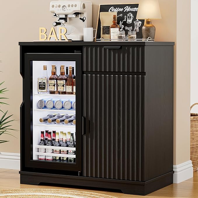 Mini Fridge Cabinet (Fridge Included), Fluted Coffee Bar Cabinet with Refrigerator, Pull Out Drawer & Storage Cabinets, 31.5" Liquor Wine Bar Cabinet for Home, Kitchen, Dining Room, Blac