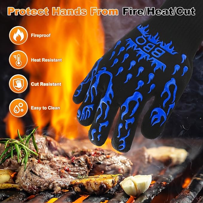 1-Pair BBQ Gloves, 1472°F Heat Resistant Non-Slip Grilling Oven Gloves for Barbecue/Baking/Cooking [L Size, Blue]